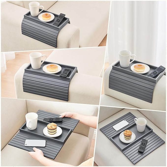 GEHE Bamboo Sofa Arm Tray, Foldable Couch Arm Tray Side Table, Anti-Falling