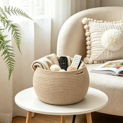 Goodpick Wicker Storage Basket for Living Room, Small Round Woven Basket for Toys, Towel, Bedroom, Children Corner Decoration Plant Baskets Indoor, Jute, 12.5"D x 8.3"H
