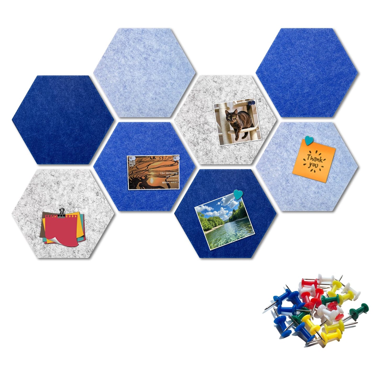Hexagon Felt Bulletin Board Tiles, 8 Pcs, 8.7 x 7.5 inches, with 20 Pushpins, for Easy Display of Photos Pictures Memos Notices, Felt Wall Tiles for Office Home Classroom (Blue)