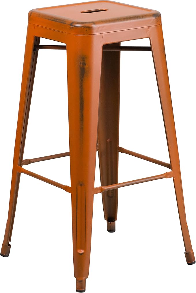 Flash Furniture Kai Commercial Grade 30" High Backless Distressed Orange Metal