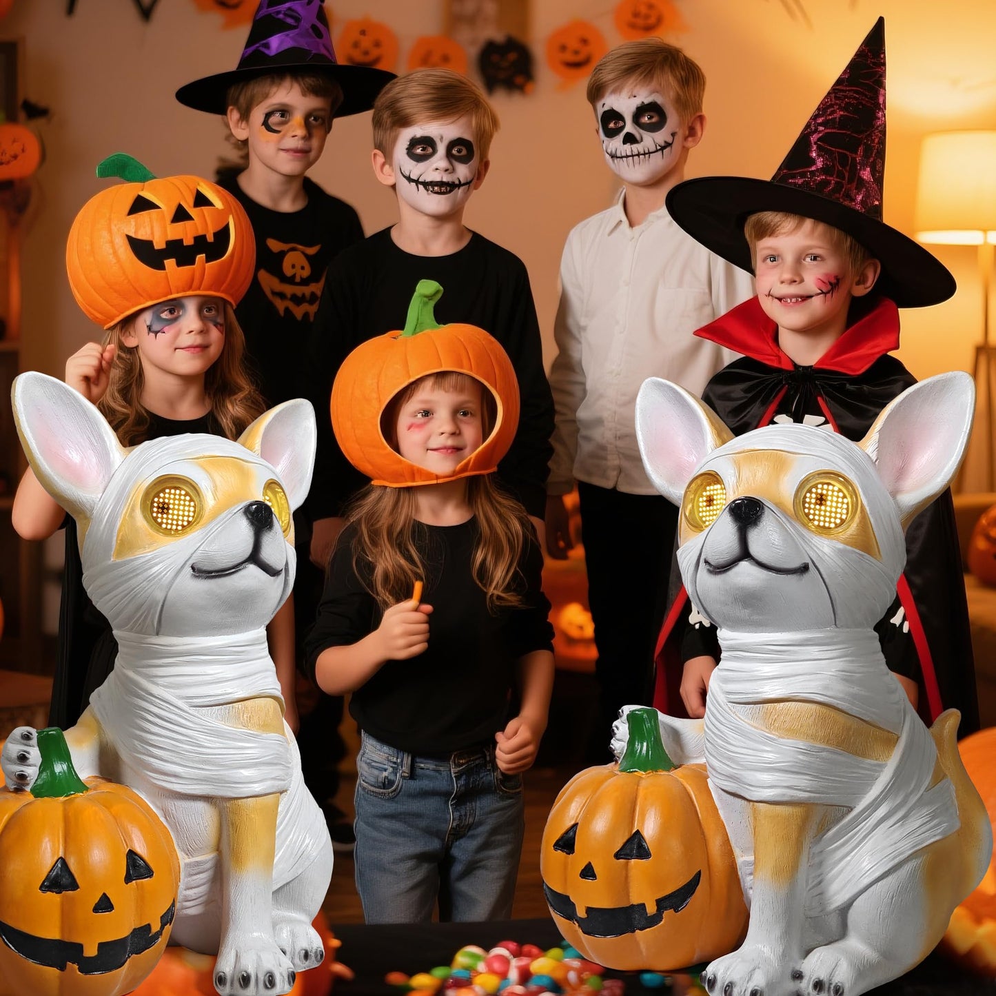 QOCNAM Halloween Decorations, Halloween Dog Statue Holding Pumpkin, with 360°Rotating Glowing Eyes and Solar Power,Outdoor Dog Statue for Front Door Porch, Yard, Lawn, Garden &Spooky Gifts