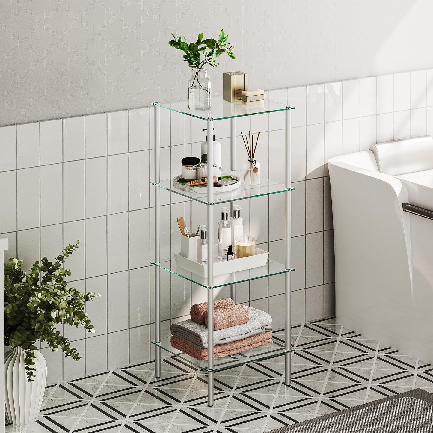 HOOBRO Glass Shelf, 4 Tier Bathroom Standing Shelf Unit, Tempered Glass Shelving Stand for Small Space, Perfume Stand Organizer, Space-Saving, for Bathroom, Bedroom, Steel Frame, Silver SV04CJ01
