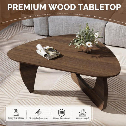 Modern Wood Coffee Table, Triangle Center Table with Premium Wooden Top& Unique Base, 42.5” Small Mid Century Tea Tables for Living Room, Apartment, Office,Walnut