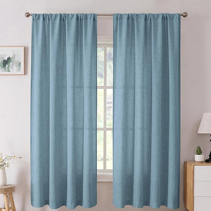 Tollpiz Linen Curtains Living Room Rod Pocket Semi Sheer Curtain Burlap Light Filtering Thick Linen Drapes for Bedroom, 38 x 63 inches Long, Dusty Blue, Set of 2 Panels