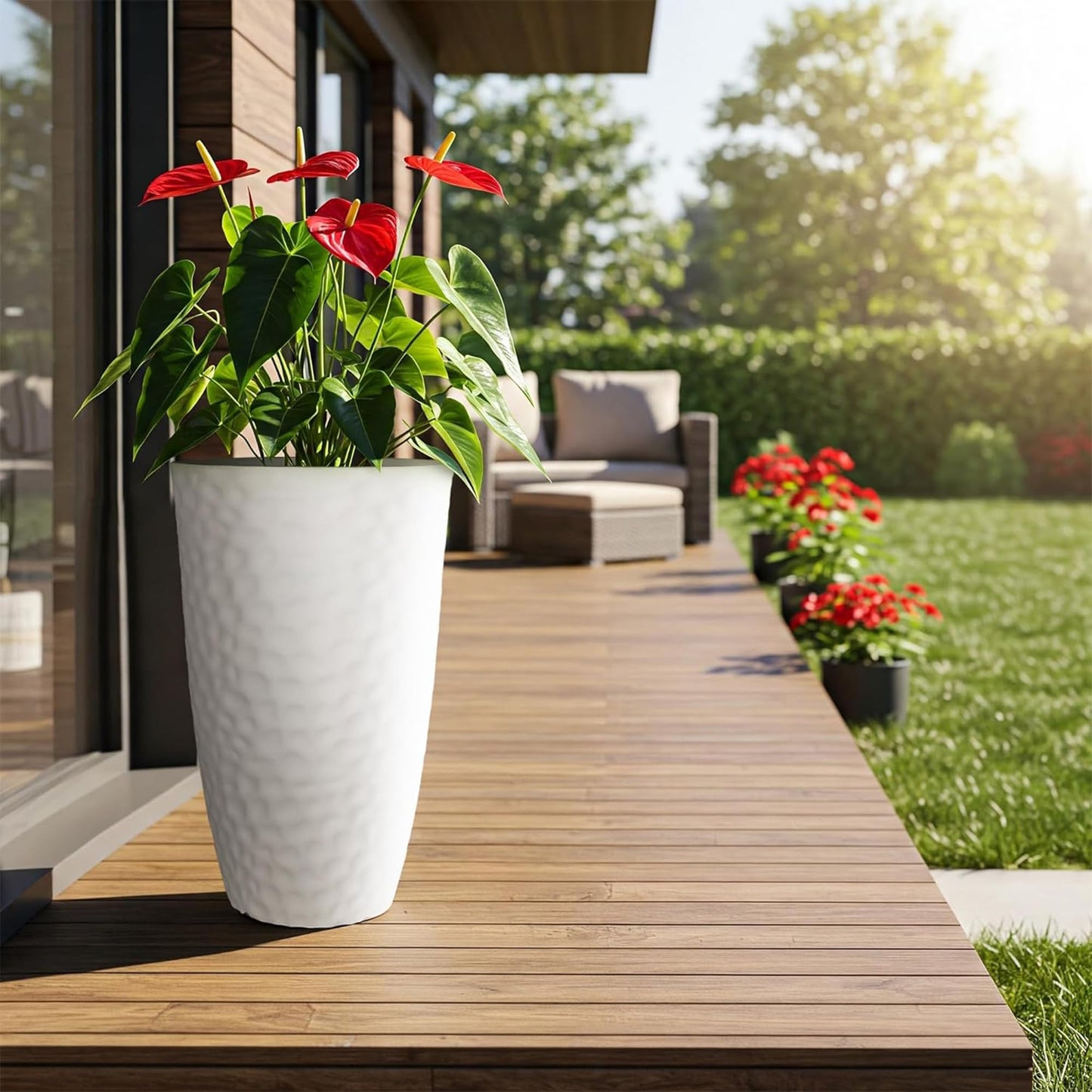 Worth 2 Pack 24" Tall Large Plastic Planter with Drainage Hole, Round Decorative Flower Plant Pit for Indoor or Outdoor Gardening, White