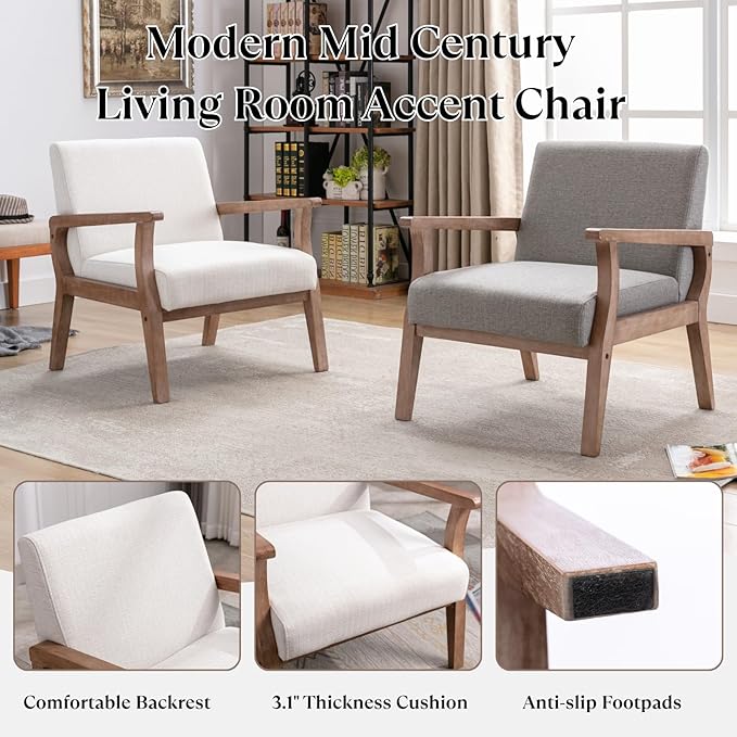 BESTANO Accent Chair Mid Century Modern Armchair, Linen Upholstered Living Room