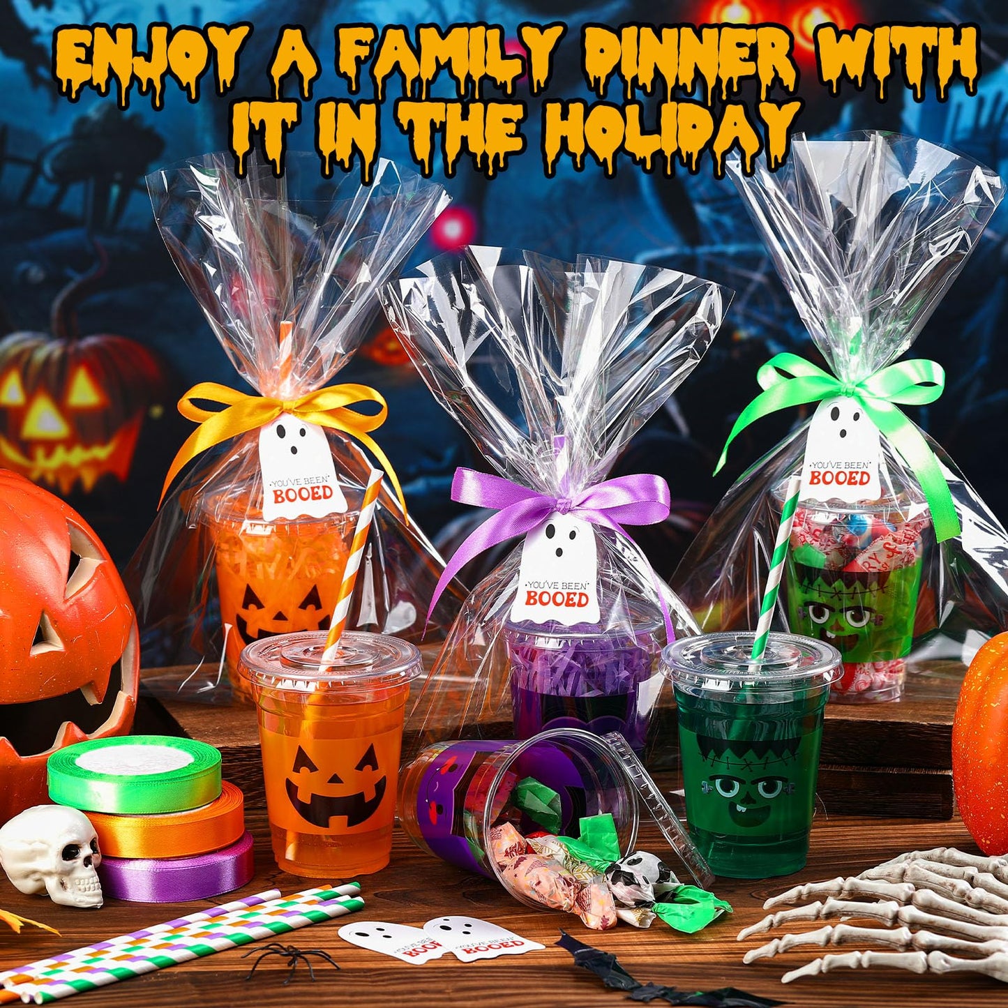 Jingmore 24 Sets 12 oz Halloween Gifts Cups Set Halloween Goodie Candy Bags with Card Ribbon and OPP Bags Disposable Plastic Clear Cups with Lids and Paper Straws for Treat Party Favor Supplies