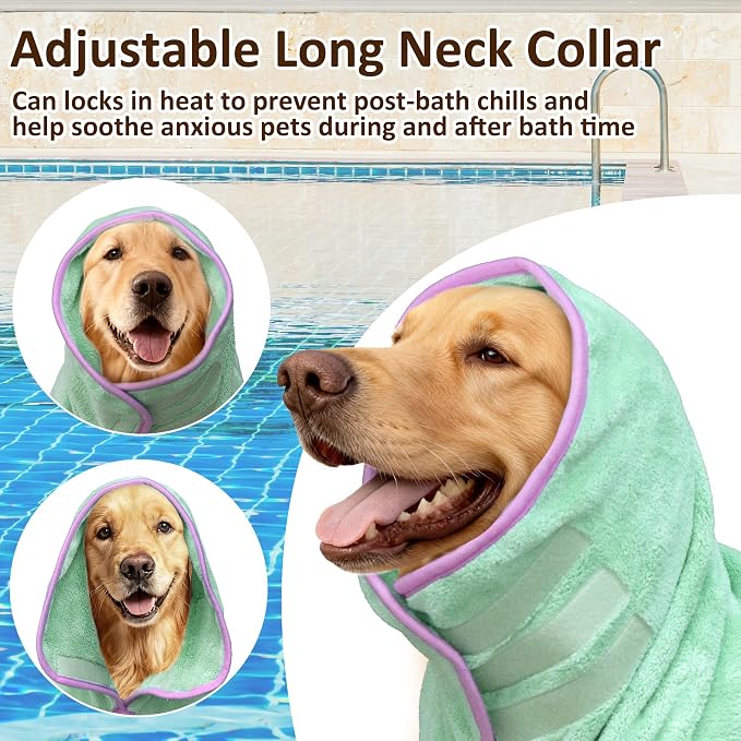 Soft Dog Bathrobe Fast Drying Dog Coat, Super Absorbent Dog Towels for After Bath, Microfiber Pet Robe Adjustable Collar & Belly Warm Keeping Dogs Coat for Pet Dogs & Cats (Green, Small)