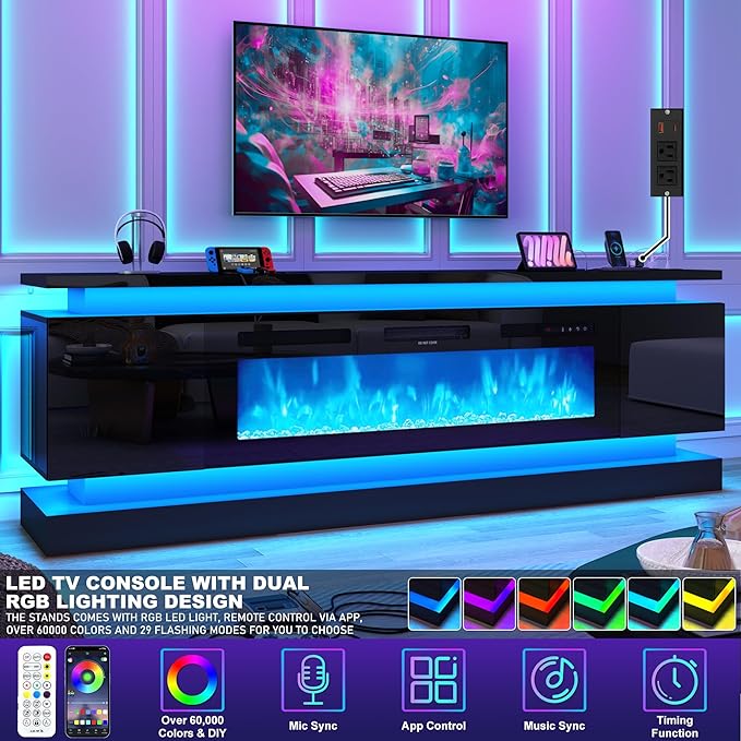 chartustriable 81IN LED TV Stands w/50 inch Fireplace Power Outlet