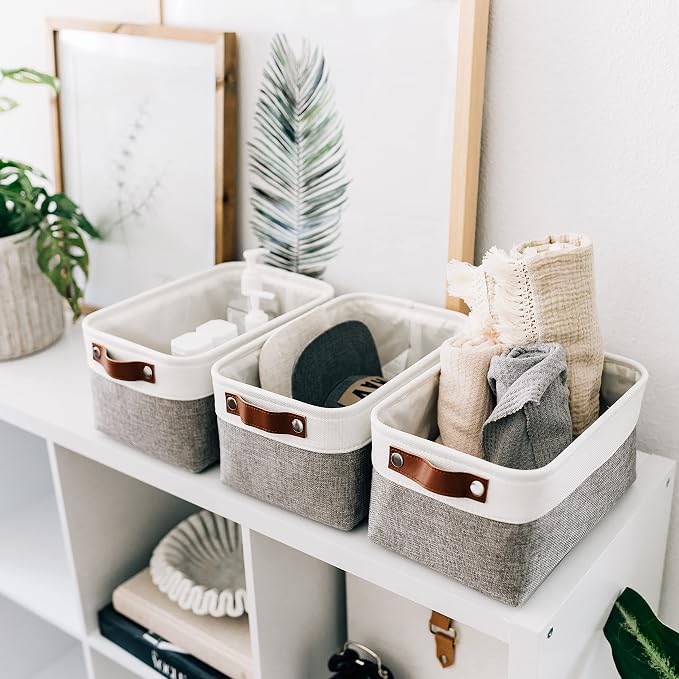 OrganiHaus 12x8in Canvas Storage Baskets 3 Pack | SMALL Fabric Bins for Shelves | Pantry & Bathroom Organizer | Gray/Off-White