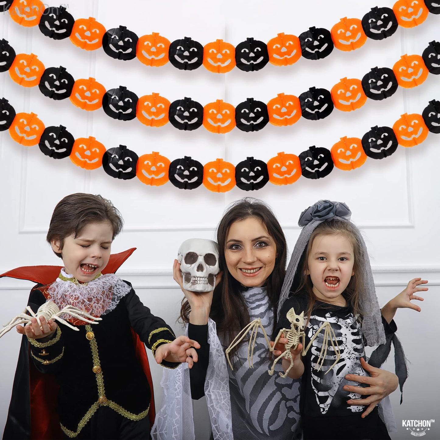 KatchOn, Long Pumpkin Halloween Garland - 10 Feet, 3 Strings, No DIY | Black and Orange Pumpkin Garland for Halloween Party Decorations