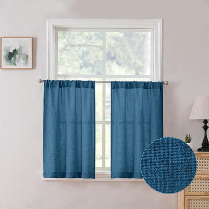 Tollpiz Linen Tier Curtains Rod Pocket Semi Sheer Short Kitchen Curtain Half Burlap Light Filtering Thick Linen Drape for Bathroom, 30 x 30 inches Long, Classic Blue, Set of 2 Panels