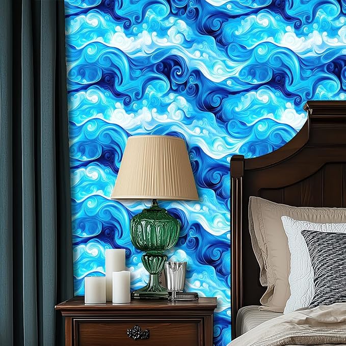 HOMETITUTE Artistic Blue Swirl Wave Pattern Wallpaper Peel and Stick Contact