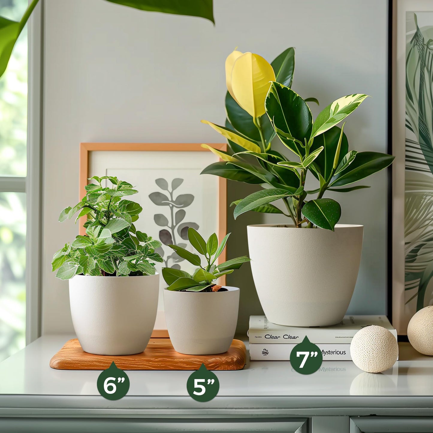 T4U 7 Inch Self Watering Planters Plastic Plant Pot, Modern Decorative Flower Pot/Window Box for All House Plants, Flowers, Herbs, African Violets, Succulents - White, Set of 6