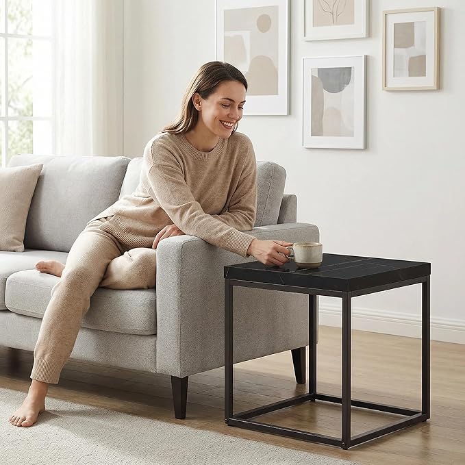 CENSI Modern Square End Table, Extra Thick 1.6" Wood Top & Metal Frame