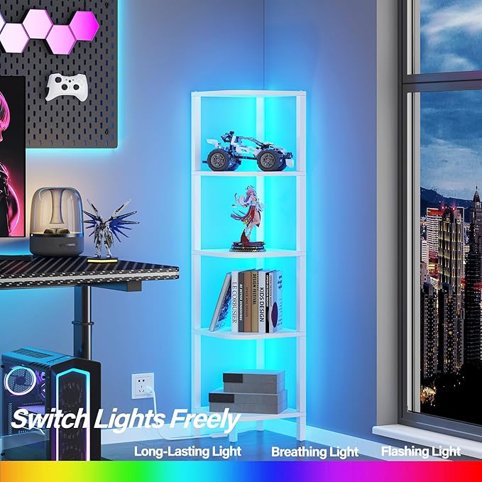 TUTOTAK Corner Shelf with LED Light, 5-Tier Corner Bookshelf