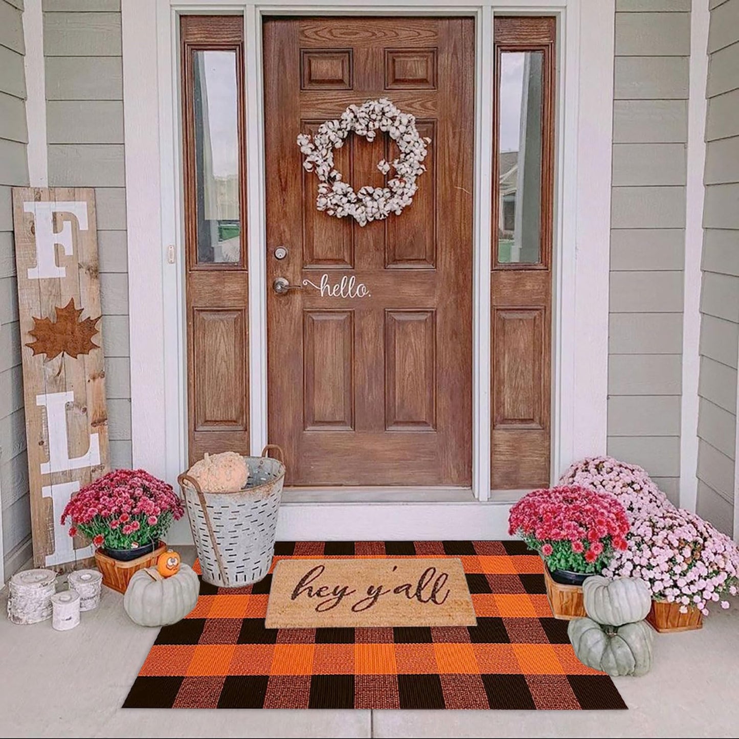 Fall Outdoor Rug Orange Buffalo Plaid Outdoor Rug Cotton Hand-Woven Buffalo Check Rug Layered Doormats for Front Door/Front Porch/Farmhouse/Entryway/Patio(Orange and Black Plaid, 27.5'' x 43'')