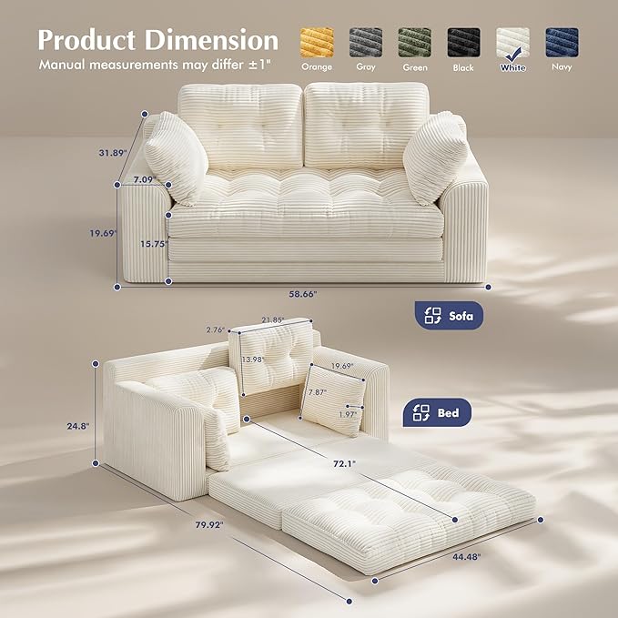Homkdom Boneless Loveseat, Convertible Folding Sofa Bed, Pull Out Sleeper Sofa