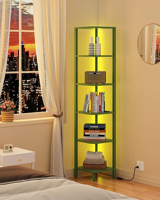 TUTOTAK Corner Shelf with LED Light, 6-Tier Corner Bookshelf