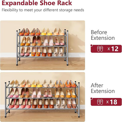 Tajsoon Expandable Shoe Rack for Closet 3 Tier, 28“-41“Adjustable & Stackable Shoe Shelf Storage, Metal Shoe Rack Organizer for Front Door Entrance, Closet, Garage, Entryway, Grey