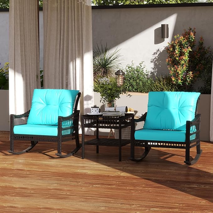 Outsunny Wicker Outdoor Rocking Chair Set, 3 Piece Patio Furniture Set