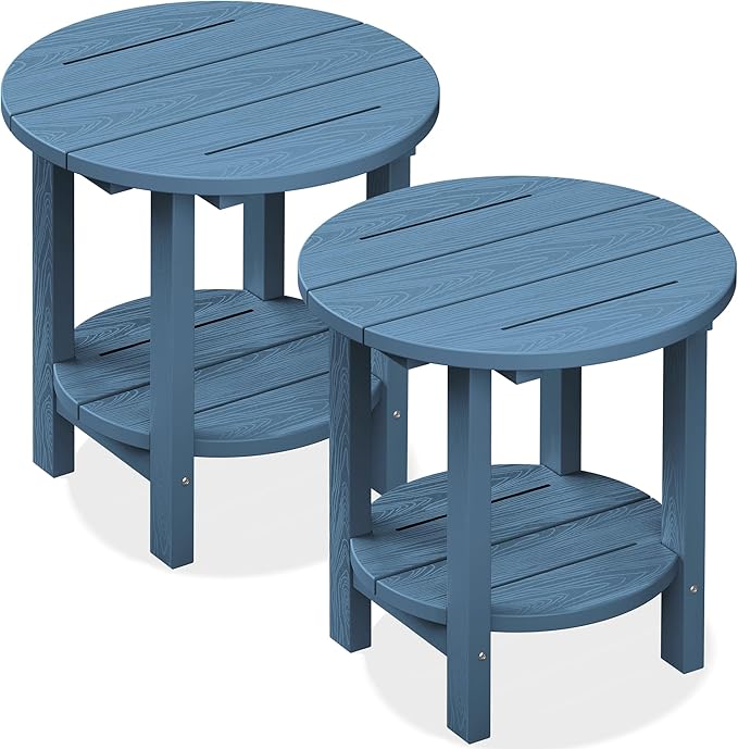 SERWALL Round Outdoor Side Table Set of 2, HDPE Small Adirondack Double End