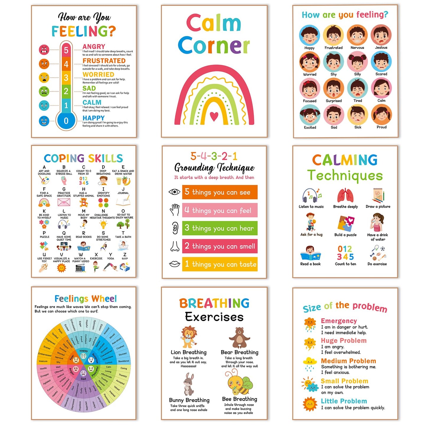 9 Calming Corner Posters, Feelings Chart for Kids, Calm Down Corner Mental Health Posters, Preschool Classroom Educational Poster Emotions Chart Coping Skills, Wall Art Decoration Mood Calming Sticker