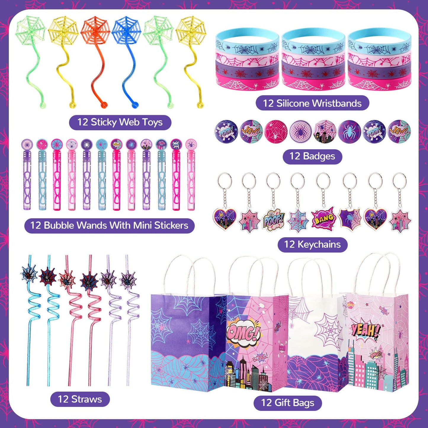 Vanblue 84 Pcs Pink Purple Spider Party Favors Gift Spiderweb Themed Birthday Party Decorations, Spider Comic Heroes Goodie Bag Stuffers,Classroom Reward Piñata Fillers for Girls Movie Fans