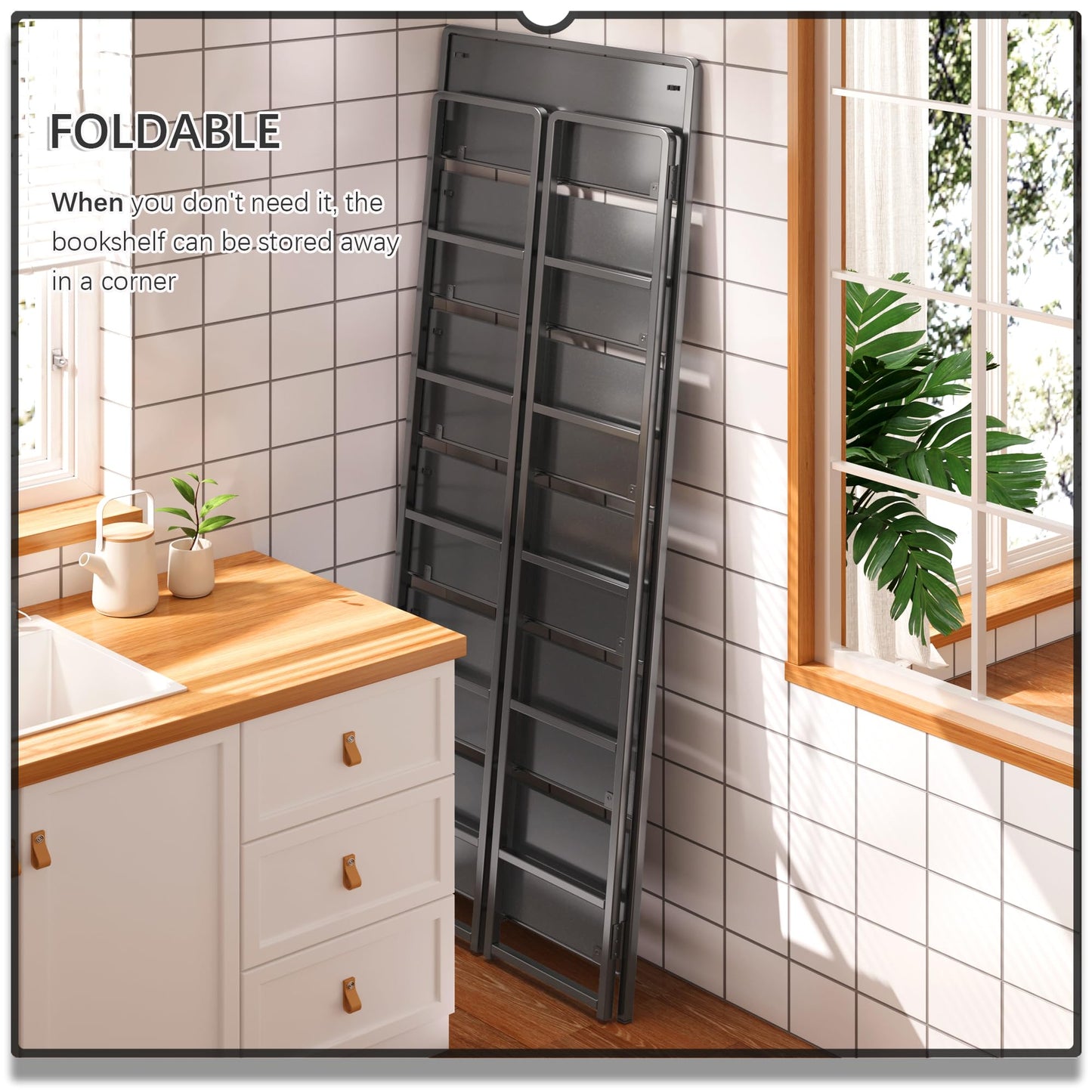 4NM No Assembly 6 Tiers Folding Bookshelf Storage Shelves Vintage Bookcase Standing Racks Study Organizer Home Office (All Black)