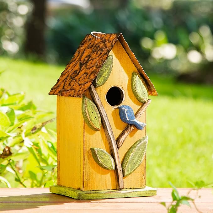 Glitzhome Birdhouse for Outdoor Hanging, 9.7" H Patio Garden Pet Cottage Distressed Decorative Birdhouse Wooden Bird House for Bluebird Wren Sparrow Finch Cardinal, Leaves Rustic Yellow