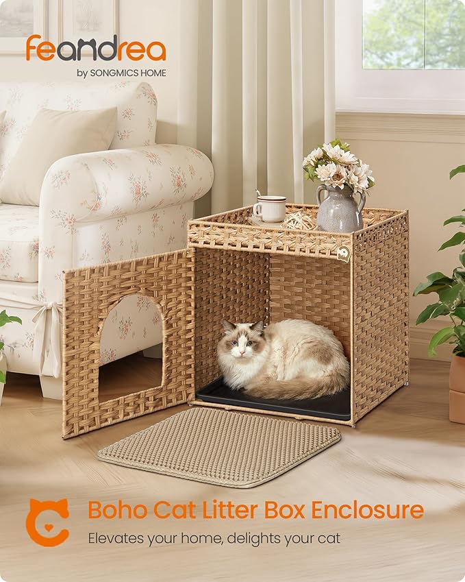 Feandrea Cat Litter Box Enclosure, Handwoven Rattan Hidden Litter Box Furniture