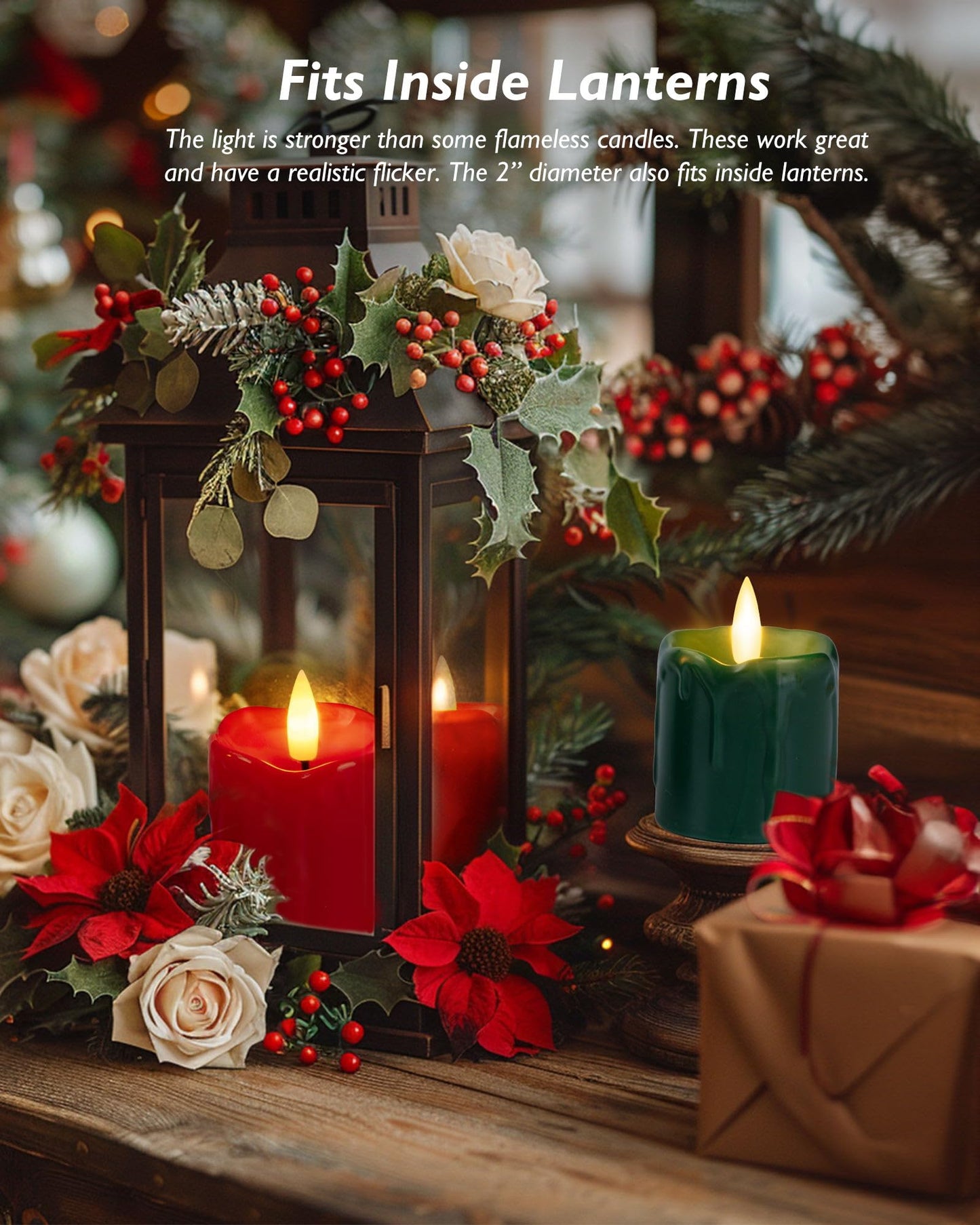 Homemory 2" x 2" Green & Red Timer Flickering Flameless Candles, 400+ Hour Battery Operated Votive Candles, 6Pack 3D Wick Electric Fake Candles for Party, Christmas, Halloween and Festival Celebration