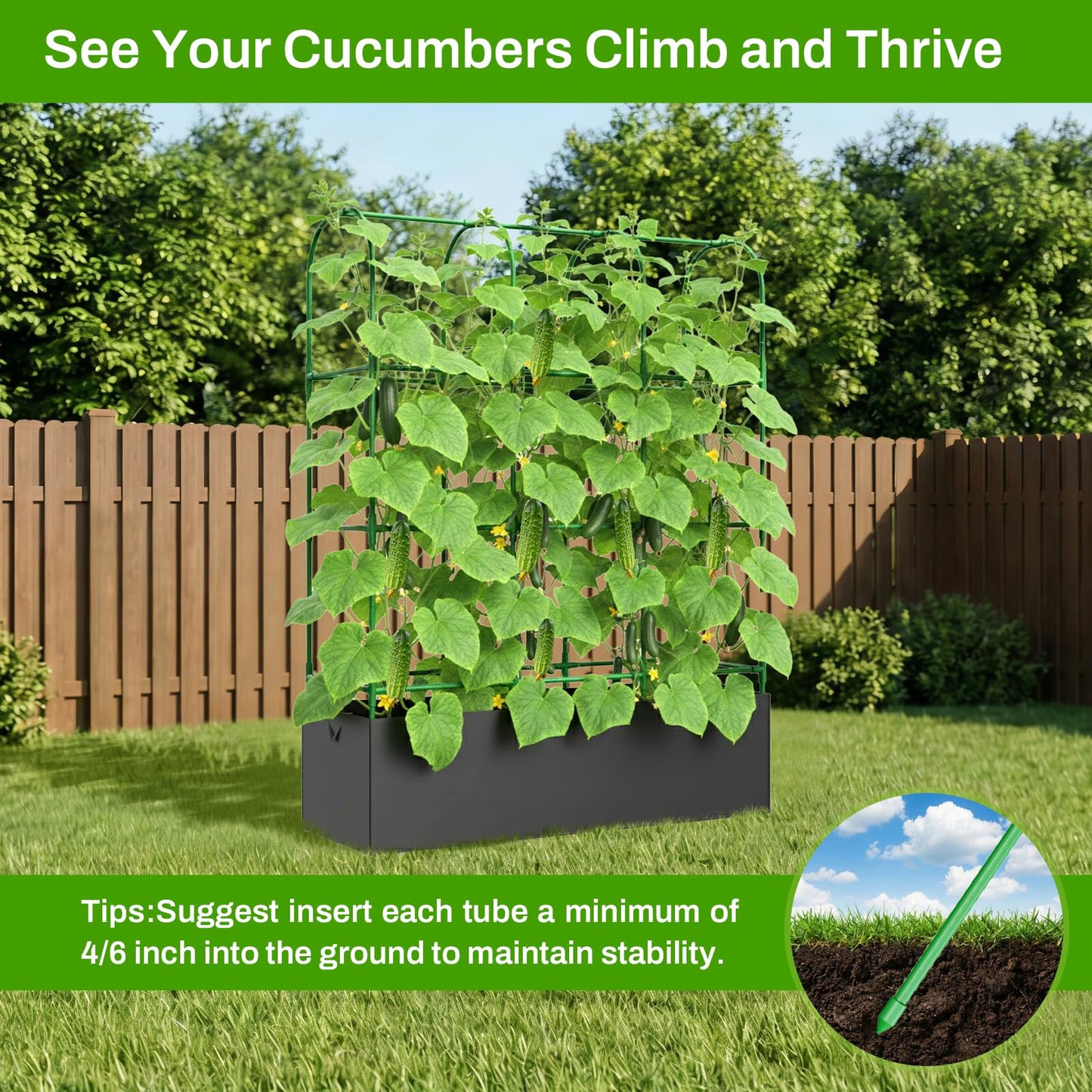 U-Shape Cucumber Trellis with Grow Bag, 64" Tall Metal Garden Trellis for Climbing Plants Outdoor, Reusable Cucumber Trellis for Raised Bed with Garden Netting for Tomatoes, Peas, Plant Vines Support