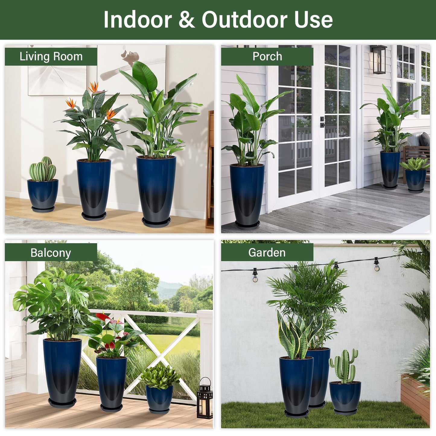 Neoaider 24/21/12 Inch Large Plastic Planter, Lightweight Ceramic-Look Tall Planters with Drain Hole & Saucers, Tall Plastic Planters for Porch, Garden, Patio, Balcony(Dark Blue)