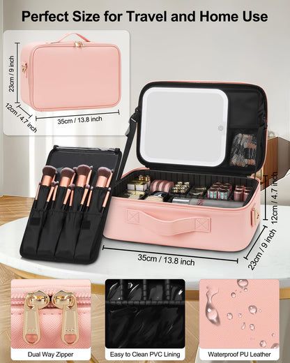 Relavel Travel Makeup Bag With LED Mirror, Cosmetic Train Case with Light up Mirror, Portable Makeup Artist Organizer Bag with Adjustable Dividers, Makeup Brush Holder Storage, Black