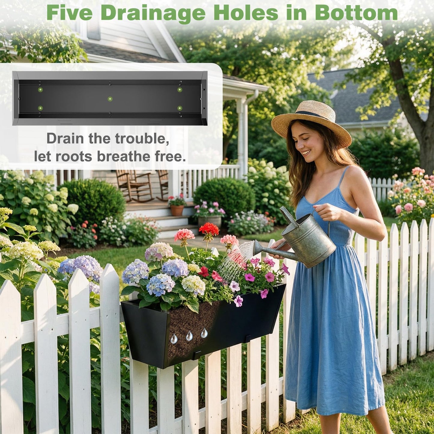 Railing Planter for Outdoor Plants 36'' Metal Hanging Flower Pot with Adjustable Brackets & Drainage Railing Planter Box Countryside Flower Plant Holder for Garden Yard Patio Balcony Deck Decor