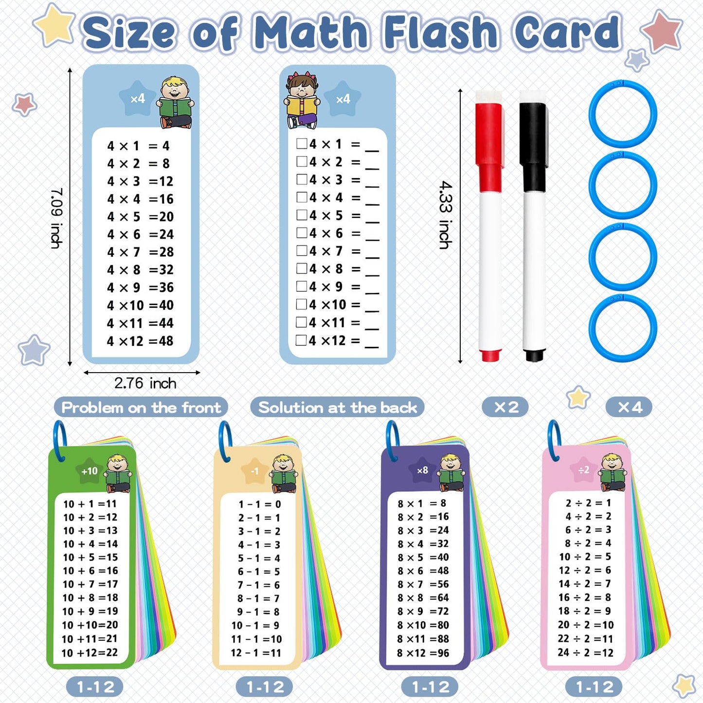 Anemeeoke 60Pack Multi Math Flash Cards, Addition Subtraction Multiplication Division Flashcard, with 2 Dry Erase Markers, 4 Rings, Educational Times Table Flashcards for Classroom Home