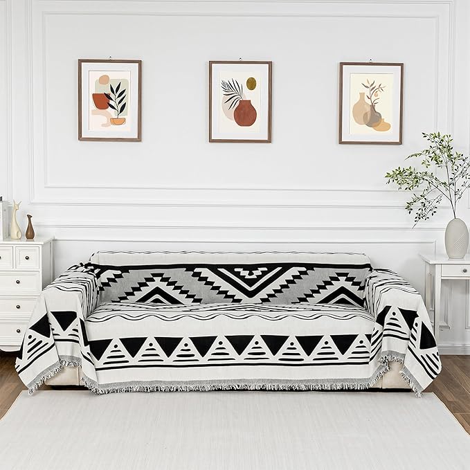 MYSKY HOME Sectional Couch Cover Black Boho Geometric Sofa Covers