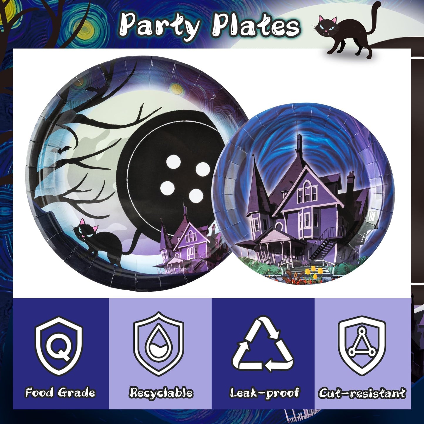 BOpusail 96P Starry Night Ghost House Party Tableware Set, Party Supplies for Kids Birthday School Spooky Night Theme Serves 24 Guests, Disposable Dinnerware Paper Dessert Dinner Plates Napkins Forks