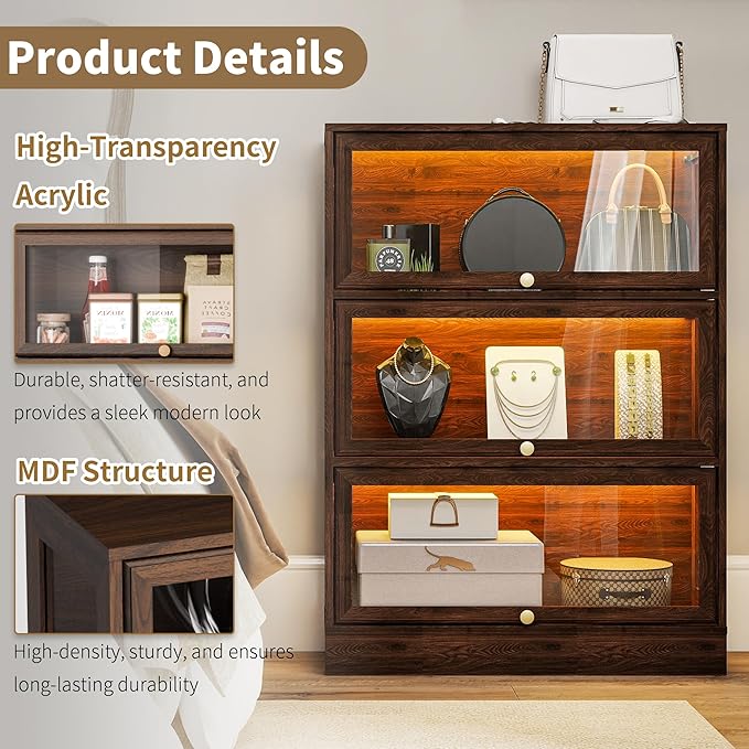 Display Cabinet with Acrylic Glass Doors, 3-Tiers Curio Cabinet with LED