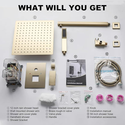 Brushed Gold Shower System with 12-Inch Rain Showerhead and Handheld | Innovative air-injection technology for low pressure, high-flow rate up to 3.22 GPM ensuring powerful consistent stream