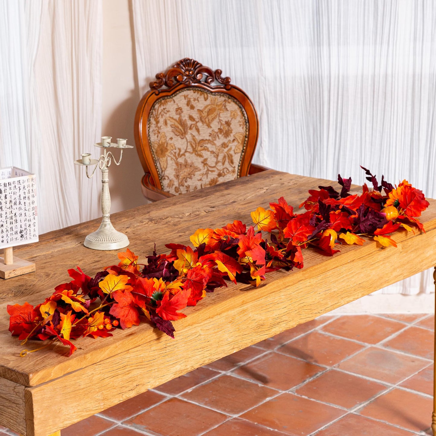 Artificial Fall Garland with Maple Leaves, Pumpkins & Berries – 7Fft Orange Autumn Garland for Thanksgiving, Fireplace Mantel, Doorway & Fall Harvest Table Decor