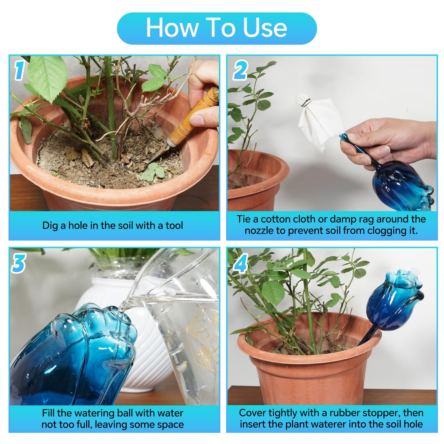 YEH-HOME Large Plant Watering Globes Set of 3-10 oz Indoor/Outdoor Large Self Watering Globes Planter Insert, for Mother/Father/Friend/Plant Enthusiasts (Blue Rose)