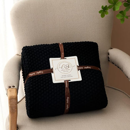 Longhui bedding Chunky Cable Knit Throw Blanket Lightweight Black 100% Organic Cotton Blanket for Sofa Couch Bed Baby Nursery, Rustic Shabby Chic Modern Farmhouse, 51” x 63” Give Laundering Bag