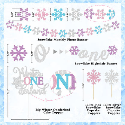 Winter Onederland 1st Birthday Decorations Girl, Winter Onederland Banner, Snowflake Photo Garland Highchair Banner Snowflake Balloon Arch Garland for Winter First Birthday Baby Shower Party Supplies