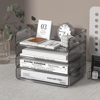 FANXIYQ 4-Tier Acrylic Paper Tray Organizer - Low-Profile Desk File Sorter for Office/Home, Brown Stackable Letter Tray for Bills, Crafts, Notebooks