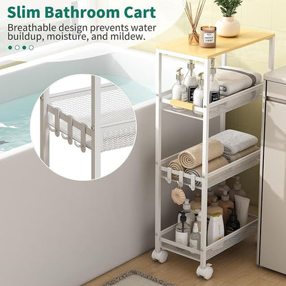 Utility Slim Storage Cart, 4 Tier Rolling Cart with Wheels, Laundry Shelves with Wood Top, Narrow Cabinet for Bathroom Organization, Small Organizer for Kitchen, Office and Dorm (White, 9.1'')