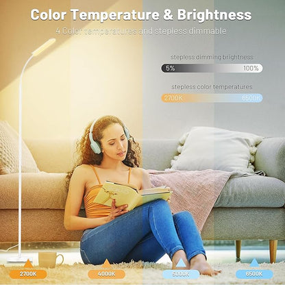 Dimmable LED Floor Lamp, Super Bright Reading Lamps Floor Standing Lamp with Remote & Touch Control, Stepless Dimming & 2700K-6500K Color Temperature, for Living Room Bedroom Office, White