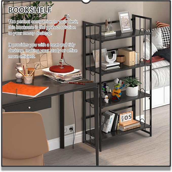 4NM No Assembly 4 Tiers Folding Bookshelf, 47.2" H Foldable Storage Shelves