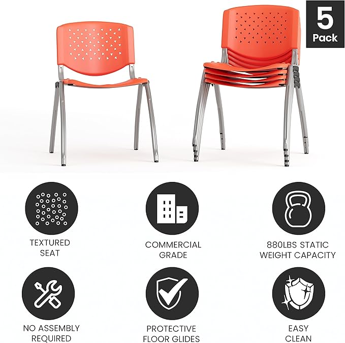 Flash Furniture HERCULES -5 Pack 880 lb. Capacity Orange Plastic Stack Chair |